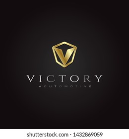 Initial Letter V Shield Car Badge Emblem logo design with 3D Gold Silver Metal Plate Effect