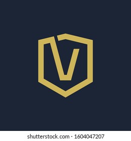 initial Letter V with Shield frame line art element. Shield Line geometry  for Security logo. Logo Icon Template for Web and Business Card, Letter Logo Template on Black Background. - vector