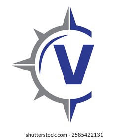 Initial Letter V Ship Logo Concept With Compass Symbol Vector Template