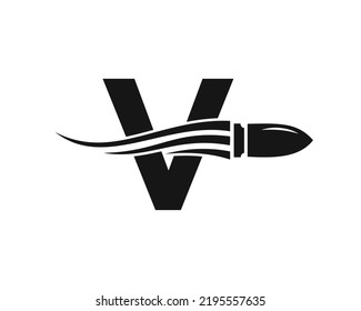 Letra inicial V Logotipo de bala de disparo con símbolo de arma de concepto para seguridad y protección