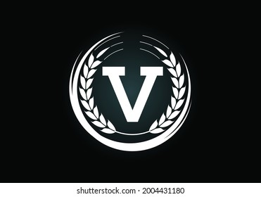 Initial letter V sign symbol with wheat ears wreath. Organic wheat farming logo design concept. Agriculture logo design vector template.