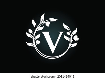 Ursprüngliches Zeichen V mit dem Olivenzweig. Runder Blumenrahmen aus dem Olivenzweig. Logo-Design der Agrarindustrie, Vektorvorlage. Olivenöletikett