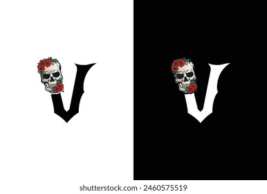 Initial Letter V Skull Logo Design. Minimal silhouette skull logo vector with letter V logo design illustration.