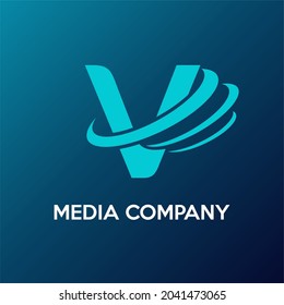 Carta inicial V con transmisión de frecuencia de señal de esfera para antena, difusión, medios, información, comunicación, Internet, servicio móvil de la empresa Idea de logotipo moderno 