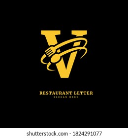 Initial letter V with spoon and fork for restaurant concept. letter V logo, fit for company and culinary business.