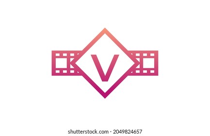Initial Letter V Square with Reel Stripes Filmstrip for Film Movie Cinema Production Studio Logo Inspiration