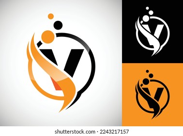 Ursprünglicher Buchstabe V mit dem swoosh, biotech Logo Design Konzept. Logotyp für Wissenschaftstechnologie.