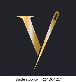 Initial Letter V Tailor Logo, Needle and Thread Combination for Embroider, Textile, Fashion, Cloth, Fabric, Golden Color Template