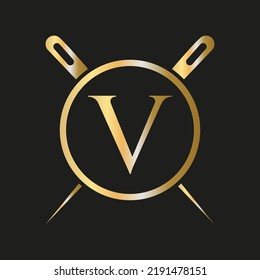 Anfangsbuchstabe V Schneiderlogo, Nadelkombination und Thread-Kombination für Stickereien, Textilien, Mode, Kleidung, Stoffvorlage