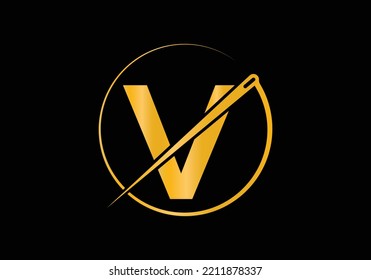 Initial Letter V With Tailor Logo, Needle and Thread Combination for Embroidery, Textile, Fashion, Cloth, Fabric Template.