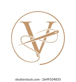 Letra inicial V logotipo alfaiate, agulha e logotipo de linha para vestuário, bordado, têxtil, moda, pano, sinal de tecido
