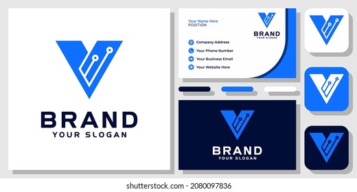 Initial Letter V Technology Digital Connection Circuit Board Modern Logo Design with Business Card Template