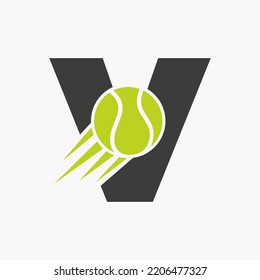 Initial Letter V Tennis Logo Concept With Moving Tennis Ball Icon. Tennis Sports Logotype Symbol Vector Template