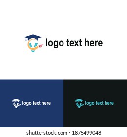 Initial letter v with toga hat graduation gown and paper plane flying around for education academy logo concept
