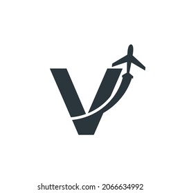 Initial Letter V Travel with Airplane Flight Logo Design Template Element