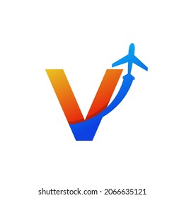 Initial Letter V Travel with Airplane Flight Logo Design Template Element