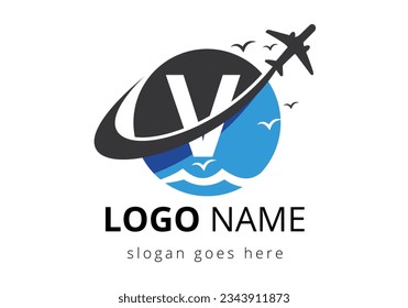 Initial Letter V  with travel logo design. Air, Airline, Airplane and travel logo design template.