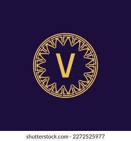 initial letter V unique ancient medallion circle emblem frame logo
