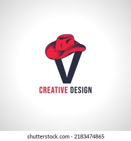 Diseño del logotipo del vector de la letra inicial V con sombrero de vaca rojo