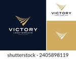 Initial Letter V Victory with Waving Fluttering Golden Ribbon Stripes Flag Pennant Pennon Banner Logo