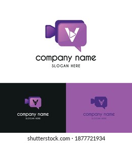 Initial letter v with video call camera chatting icon for online meeting, consulting logo concept