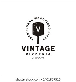 Initial Letter V Vintage Spatula Pizza Pizzeria Logo Design 