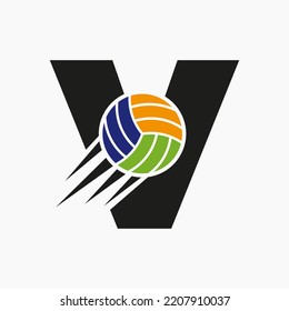 Initial Letter V Volleyball Logo Concept With Moving Volley Ball Icon. Volleyball Sports Logotype Symbol Vector Template