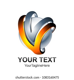 Initial letter V or VV logo template colored orange silver circle sphere design for business and company identity