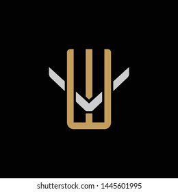 Initial letter V and W, VW, WV, overlapping interlock logo, monogram line art style, silver gold on black background