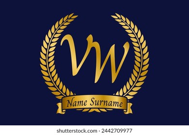 Anfangsbuchstabe V und W, VW Monogramm Logo Design mit Lorbeerkranz. Luxuriöse goldene Kalligrafie Schriftart.