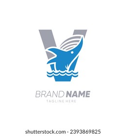 Initial Letter V Whale Jumping in the Water Logo Design Vector Icon Graphic Emblem Illustration