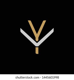 Initial letter V and Y, VY, YV, overlapping interlock logo, monogram line art style, silver gold on black background