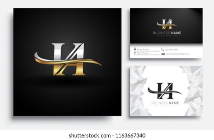 initial letter VA logotype company name colored gold and silver swoosh design. Vector sets for business identity on white background.