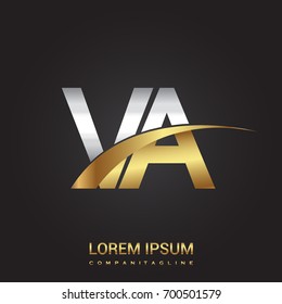 initial letter VA logotype company name colored gold and silver swoosh design. isolated on black background.
