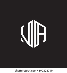 Initial letter VA, minimalist line art monogram hexagon shape logo, white color on black background