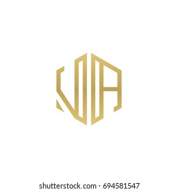 Initial letter VA, minimalist line art hexagon shape logo, gold color