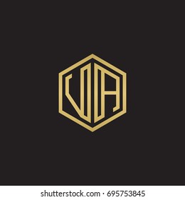 Initial letter VA, minimalist line art hexagon logo, gold color on black background