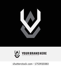 Initial letter VC or CW  overlapping, interlock, monogram logo, white and gray color on black background