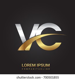 initial letter VC logotype company name colored gold and silver swoosh design. isolated on black background.