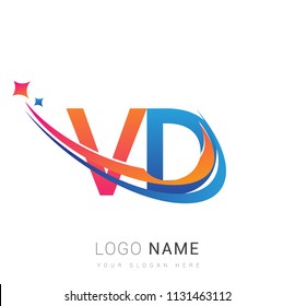 initial letter VD logotype company name colored orange, red and blue swoosh star design. vector logo for business and company identity.
