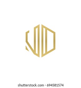 Initial letter VD, VO, minimalist line art hexagon shape logo, gold color