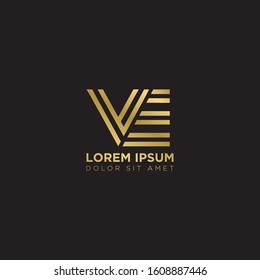 Initial Letter VE linked uppercase overlap modern gold logo vector design template. Suitable for business, consulting group company.