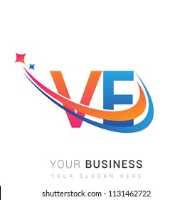 initial letter VE logotype company name colored orange, red and blue swoosh star design. vector logo for business and company identity.
