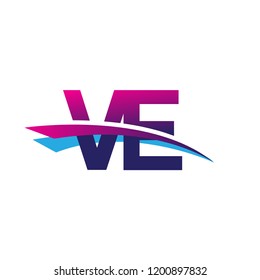 initial letter VE logotype company name colored blue and magenta swoosh design. vector logo for business and company