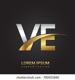 initial letter VE logotype company name colored gold and silver swoosh design. isolated on black background.