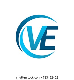 initial letter VE logotype company name blue circle and swoosh design. vector logo for business and company identity.