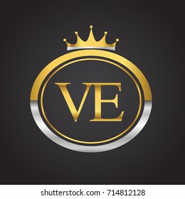 initial letter VE logotype company name with oval shape and crown, gold and silver color. vector logo for business and company identity.