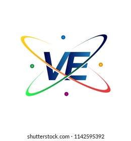 initial letter VE logotype science icon colored blue, red, green and yellow swoosh design. vector logo for business and company identity.
