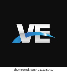 Initial letter VE, overlapping movement swoosh logo, metal silver blue color on black background