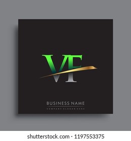 initial letter VF logotype company name colored green and gold swoosh design. vector logo for business and company